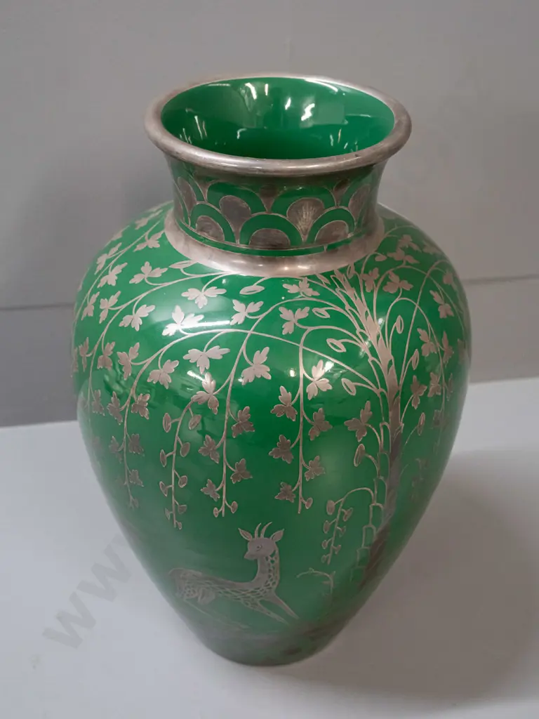 Vintage green pottery vase with silver overlaid decoration - hard to read remnant label H-300 Image 1++