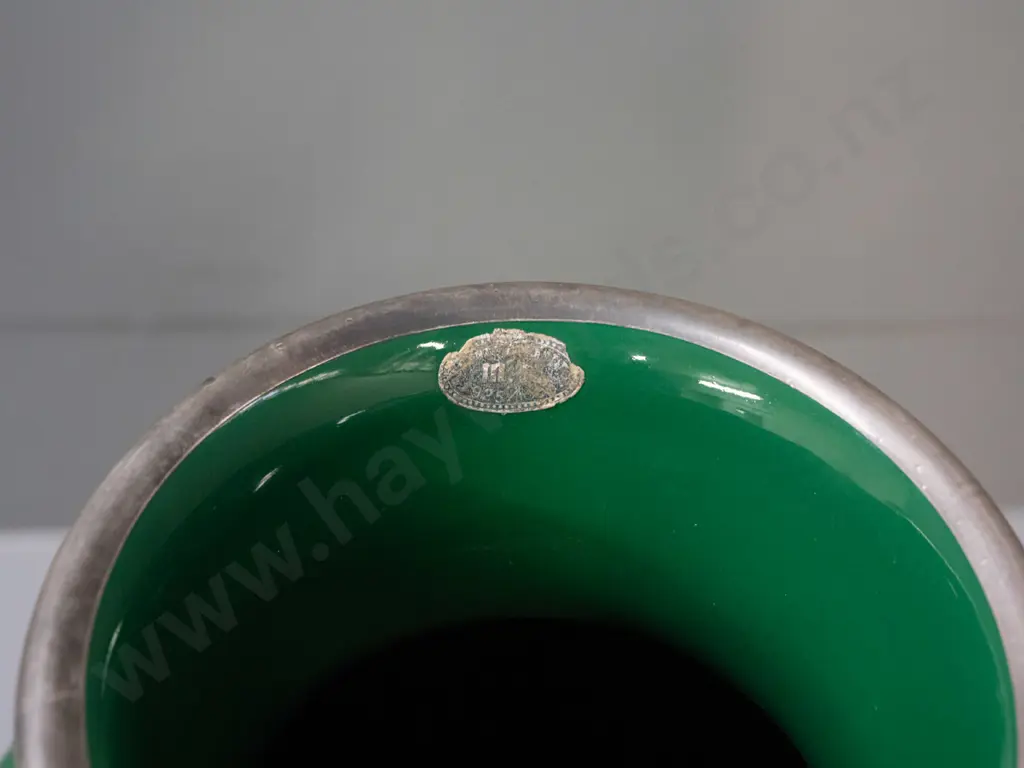 Vintage green pottery vase with silver overlaid decoration - hard to read remnant label H-300 Image 1++