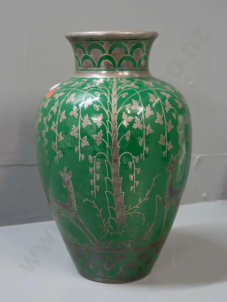 Vintage green pottery vase with silver overlaid decoration - hard to read remnant label H-300 Image 1++