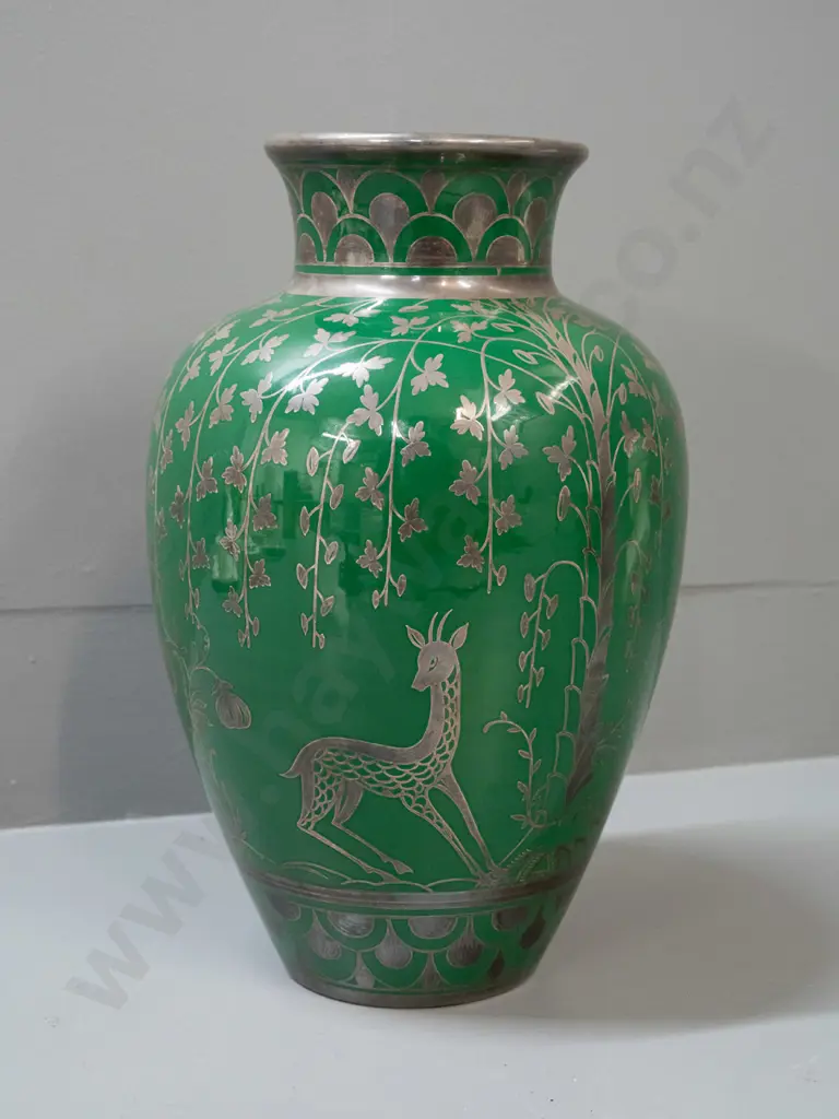 Vintage green pottery vase with silver overlaid decoration - hard to read remnant label H-300 Image 1++