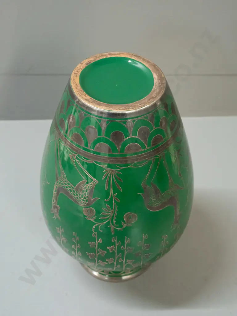 Vintage green pottery vase with silver overlaid decoration - hard to read remnant label H-300 Image 1++