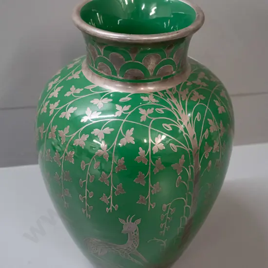 Vintage green pottery vase with silver overlaid decoration - hard to read remnant label H-300