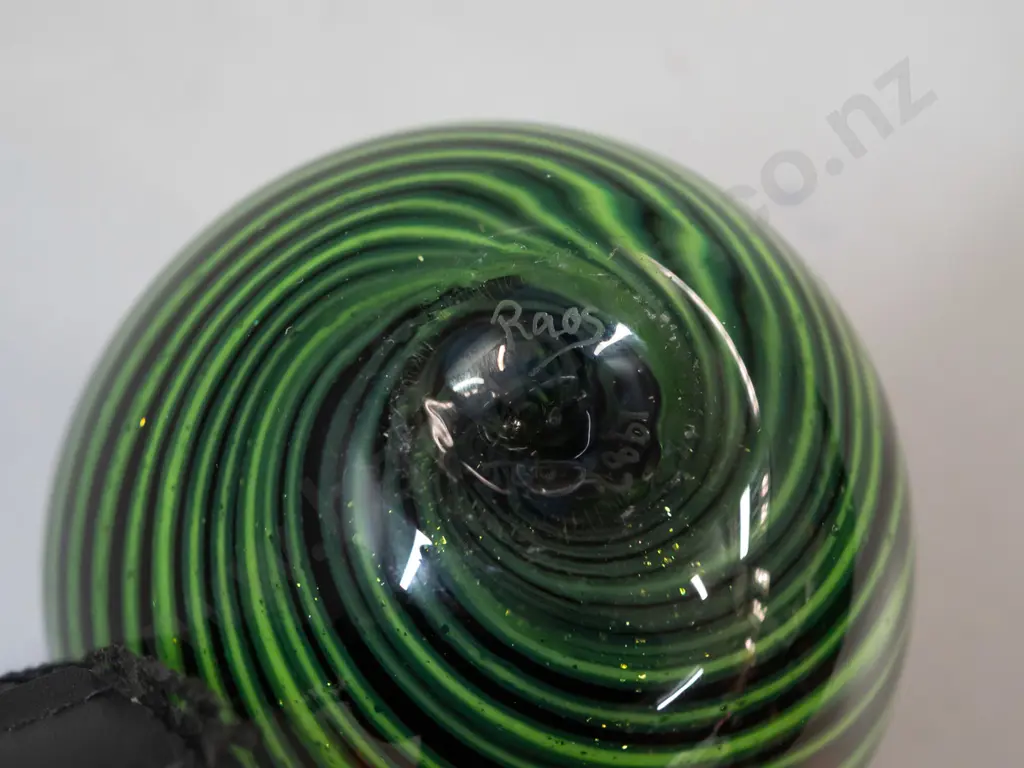 heavy art glass stoppered scent bottle with black and green sparkle swirled bands - marked Raos 1987. H-130 D-80 (Peter Image 1++
