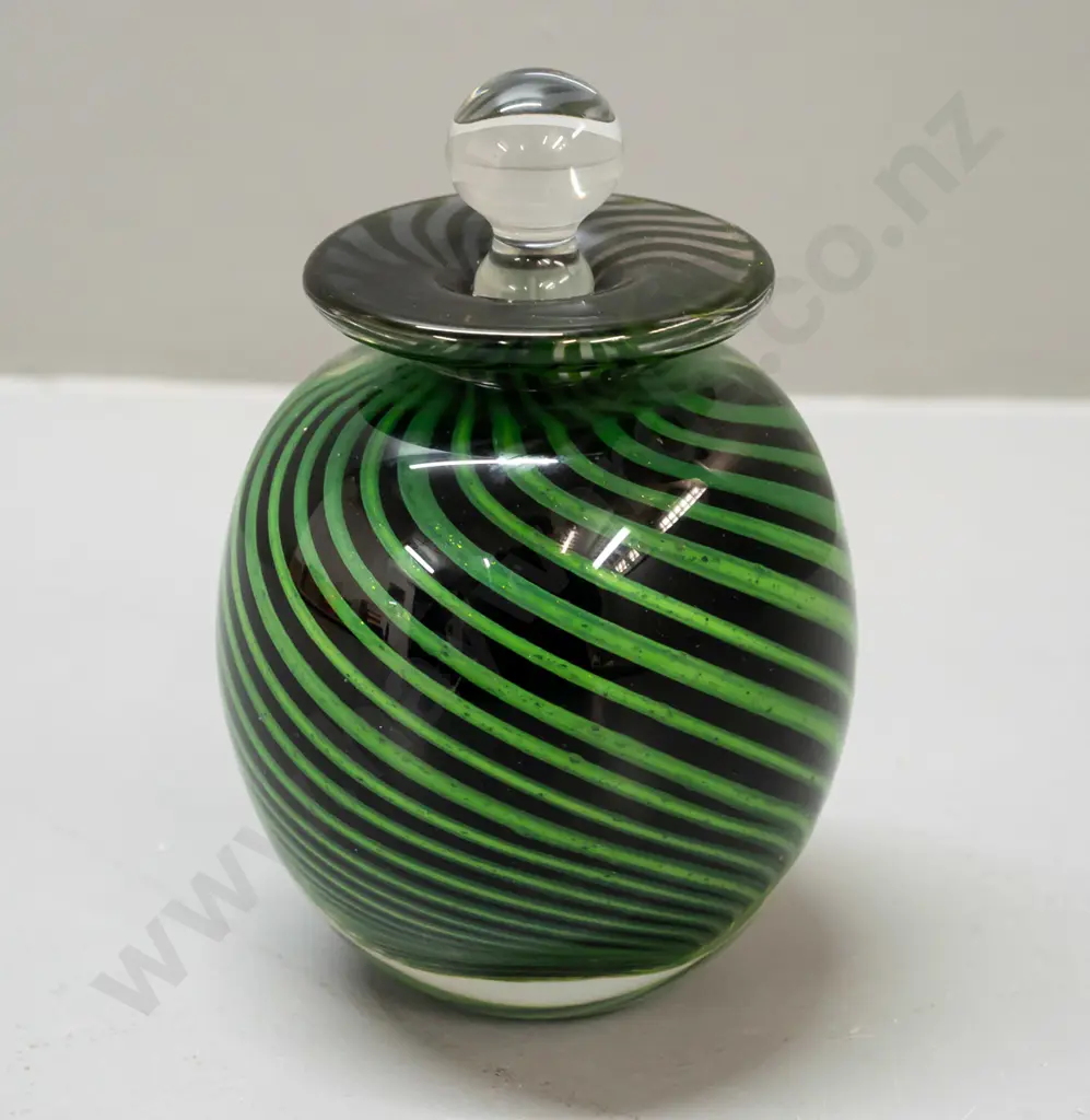 heavy art glass stoppered scent bottle with black and green sparkle swirled bands - marked Raos 1987. H-130 D-80 (Peter Image 1++