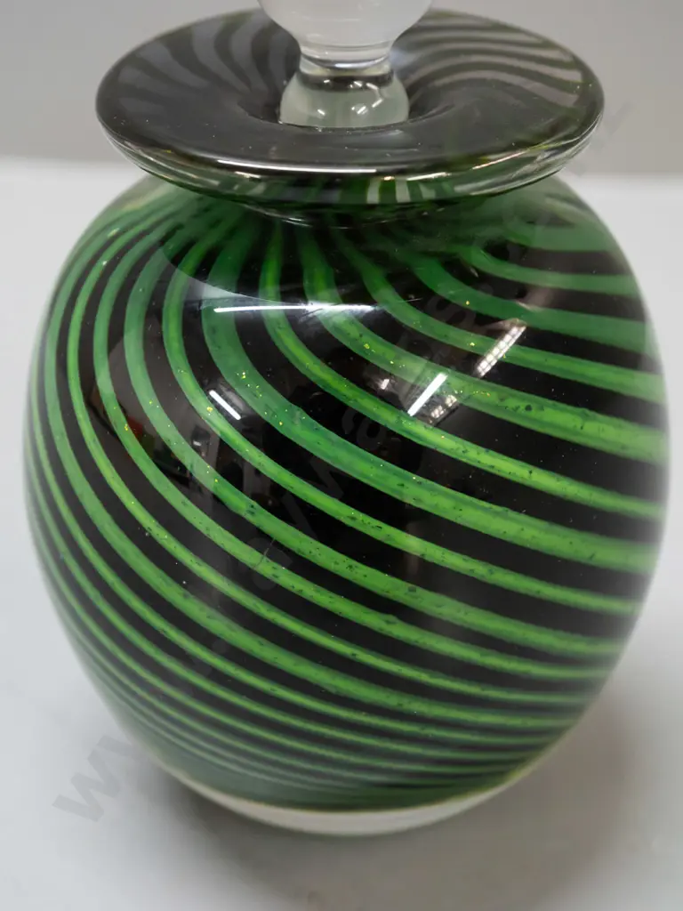 heavy art glass stoppered scent bottle with black and green sparkle swirled bands - marked Raos 1987. H-130 D-80 (Peter Image 1++