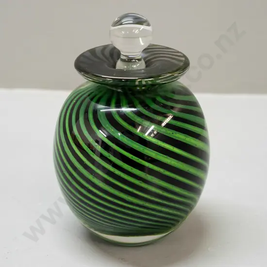 heavy art glass stoppered scent bottle with black and green sparkle swirled bands - marked Raos 1987. H-130 D-80 (Peter