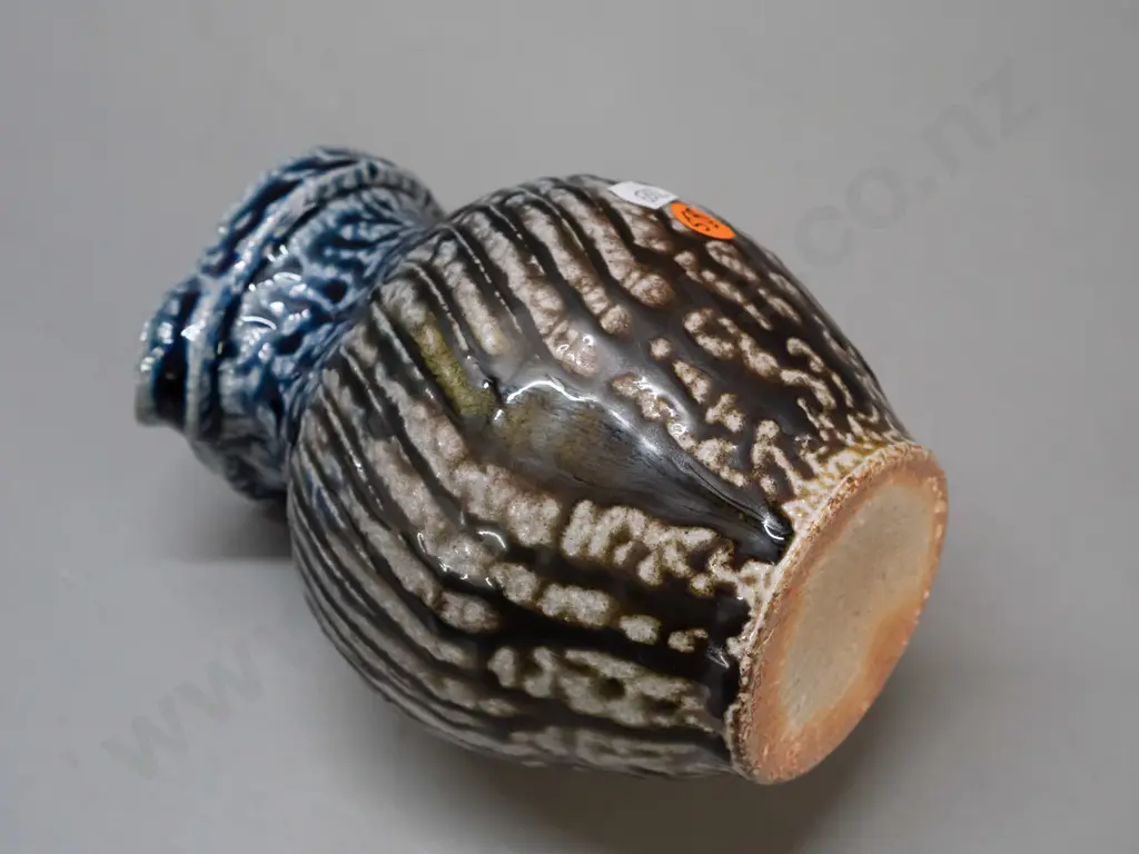 Mirek Smisek NZ studio pottery salt-glazed jug - with sunflower maker's mark below handle H-165 W-150 handle to spout Image 1++