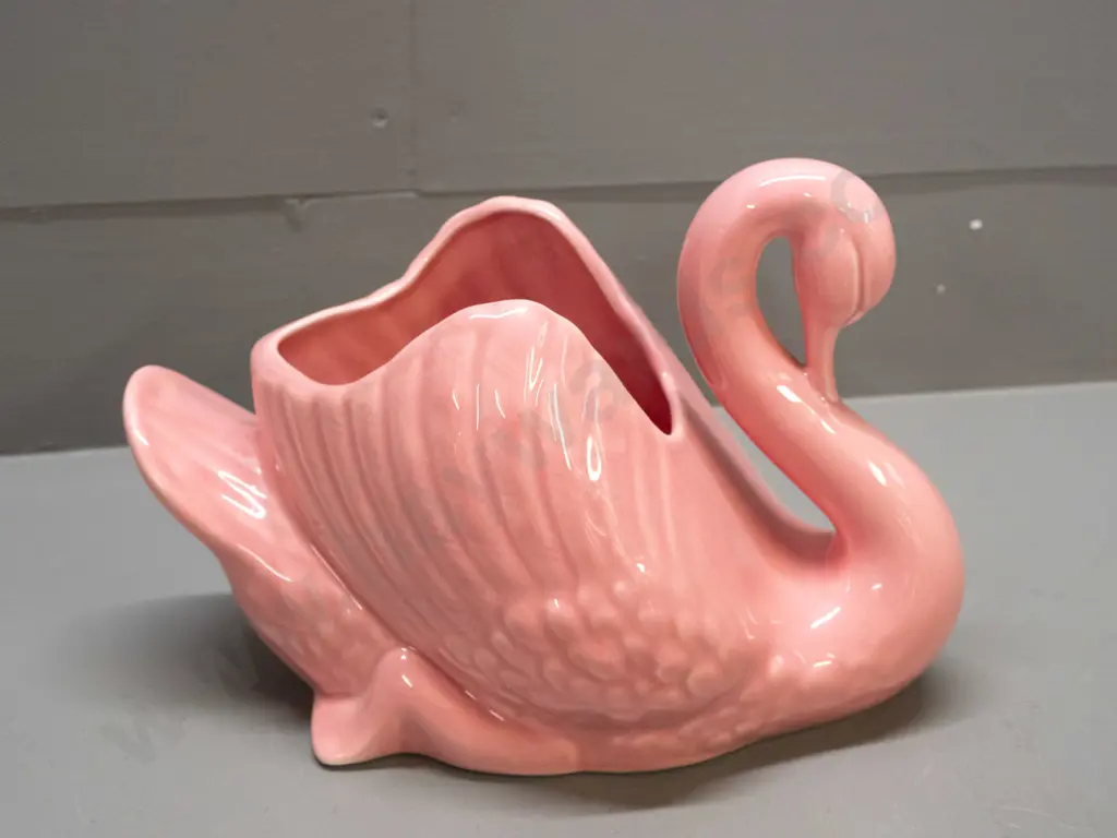 Studio Ceramics NZ pink swan vase - made from Crown Lynn mould - some staining inside H-190 L-280 Image 1++