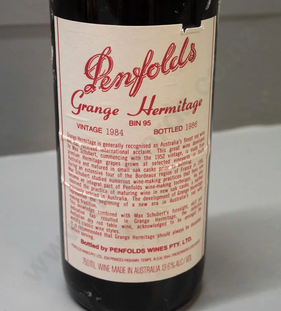 1984 Penfolds Grange Hermitage Bin 95 red wine 750ml bottle - some wrinkles & nicks to label, sticker residue Image 1++