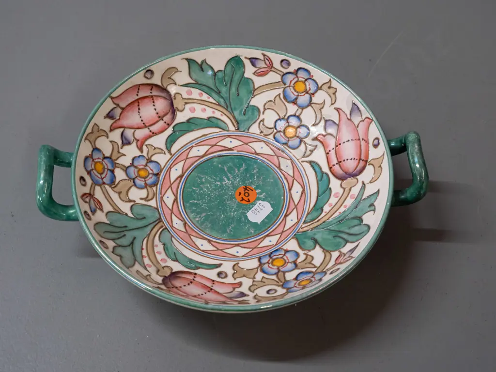 vintage Charlotte Rhead Bursley Ware tube-lined footed dish with handles, in multi coloured floral motifs H-60 W-240 Image 1++