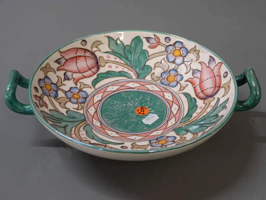 vintage Charlotte Rhead Bursley Ware tube-lined footed dish with handles, in multi coloured floral motifs H-60 W-240 Image 1++