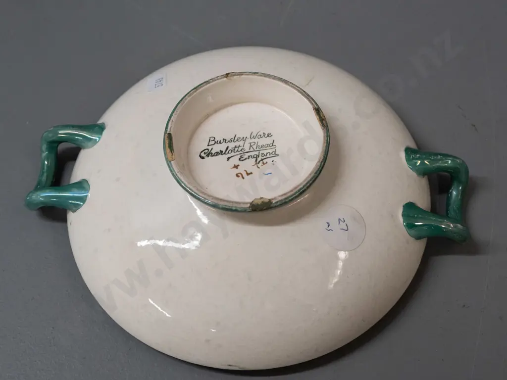 vintage Charlotte Rhead Bursley Ware tube-lined footed dish with handles, in multi coloured floral motifs H-60 W-240 Image 1++