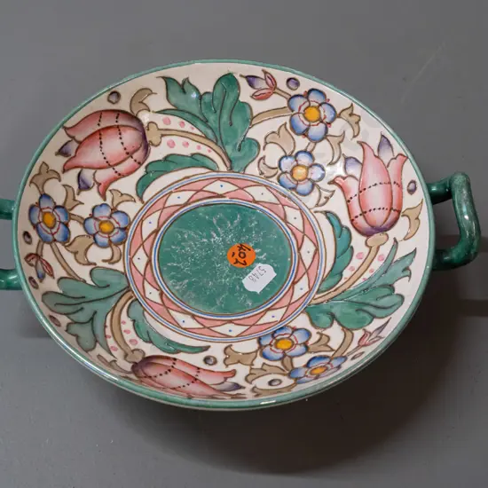 vintage Charlotte Rhead Bursley Ware tube-lined footed dish with handles, in multi coloured floral motifs H-60 W-240