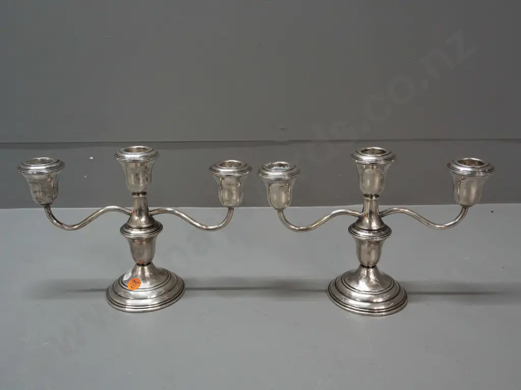 pair of vintage Reed & Barton (US?) weighted sterling silver 3-candle candelabra - marked Weighted and Reinforced. Some Image 1++