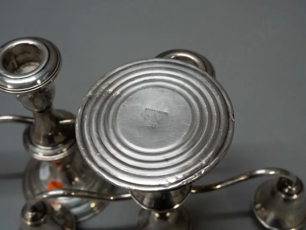 pair of vintage Reed & Barton (US?) weighted sterling silver 3-candle candelabra - marked Weighted and Reinforced. Some Image 1++