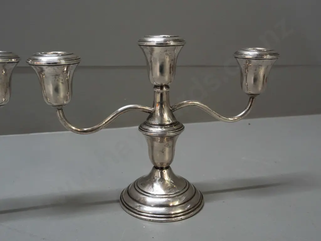 pair of vintage Reed & Barton (US?) weighted sterling silver 3-candle candelabra - marked Weighted and Reinforced. Some Image 1++