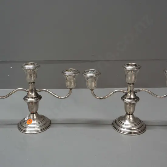 pair of vintage Reed & Barton (US?) weighted sterling silver 3-candle candelabra - marked Weighted and Reinforced. Some