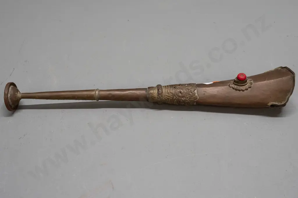 Tibetan ceremonial trumpet - copper body, brass collars and decoration - some denting and discolouration L-390 Image 1++