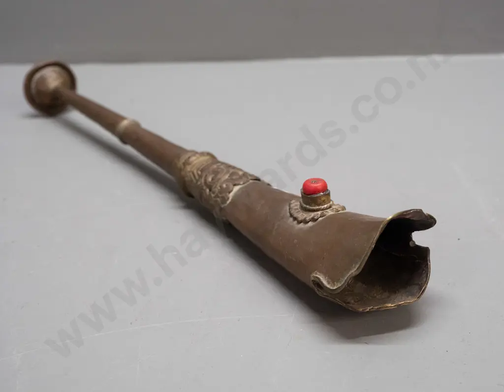 Tibetan ceremonial trumpet - copper body, brass collars and decoration - some denting and discolouration L-390 Image 1++