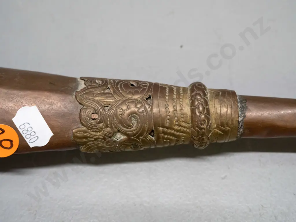 Tibetan ceremonial trumpet - copper body, brass collars and decoration - some denting and discolouration L-390 Image 1++