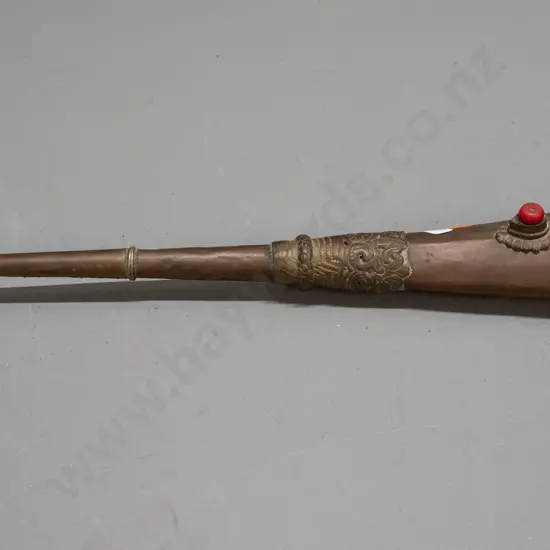 Tibetan ceremonial trumpet - copper body, brass collars and decoration - some denting and discolouration L-390