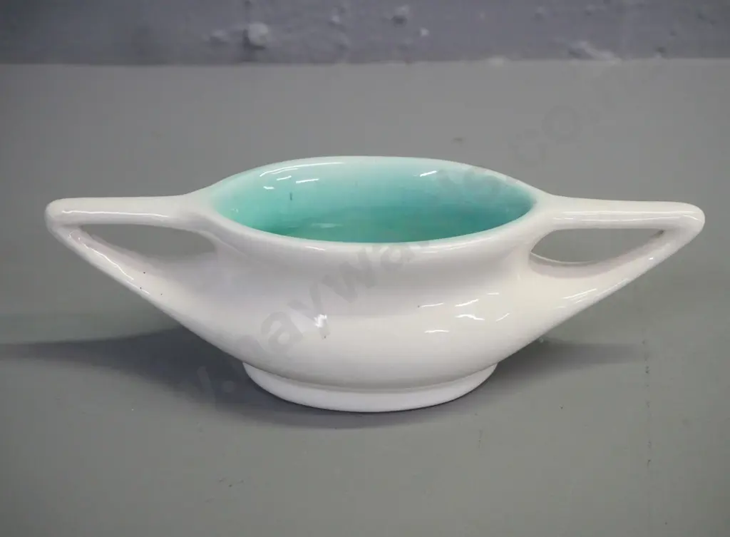 OC Stephens studio pottery art deco vase w/ elongated triangular handles, white exterior w/ duck egg blue interior H-65 Image 1++