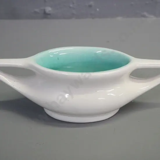 OC Stephens studio pottery art deco vase w/ elongated triangular handles, white exterior w/ duck egg blue interior H-65