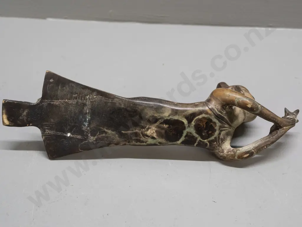 cast brass or bronze female figure stretched out holding lotus flower - uneven patination H-90 L-280 Image 1++