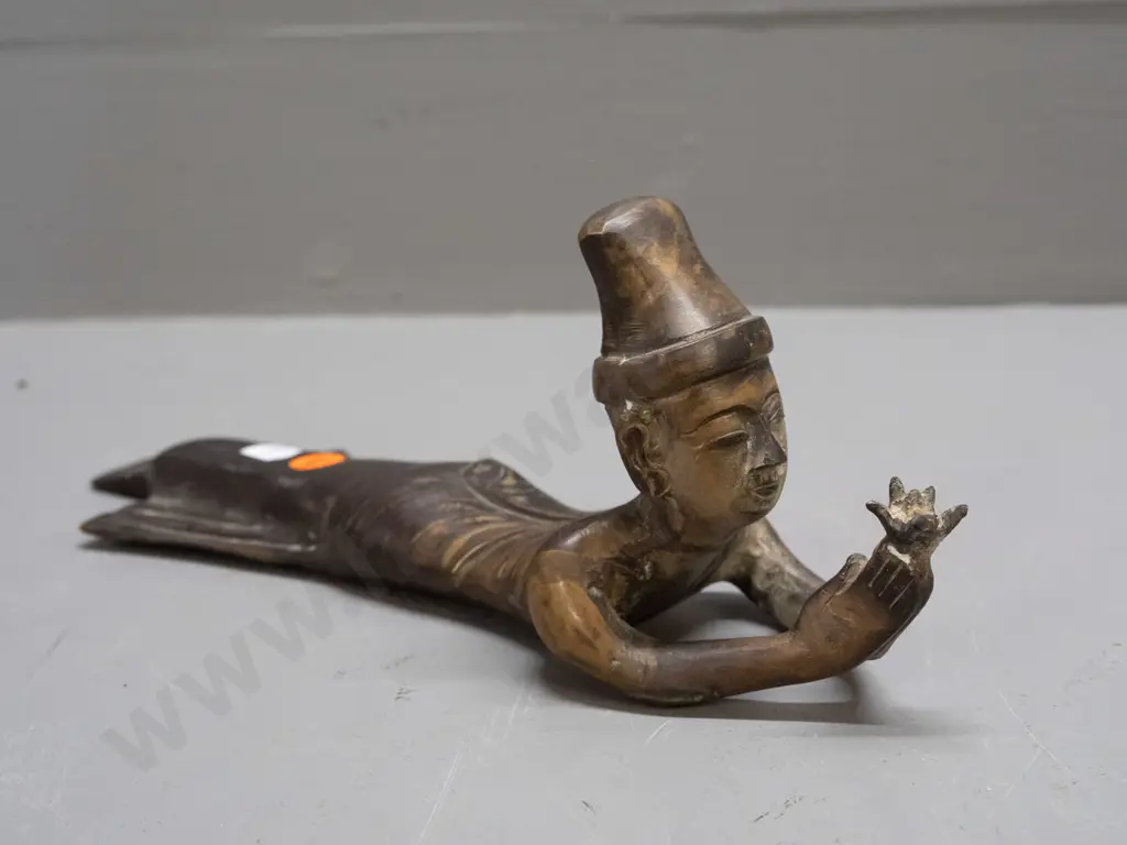 cast brass or bronze female figure stretched out holding lotus flower - uneven patination H-90 L-280 Image 1++
