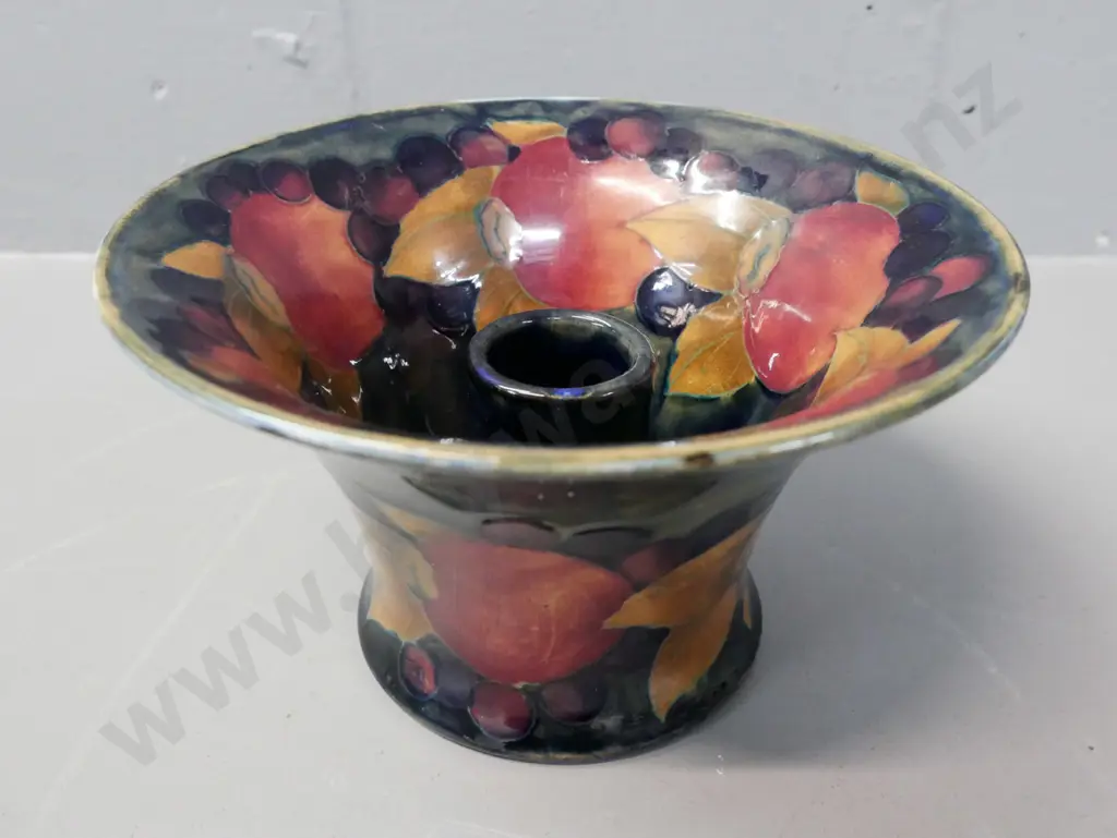 vintage Moorcroft tube-lined pomegranate & berry pattern candleholder w/ flared shaped body & rim H-90 D-150 Image 1++