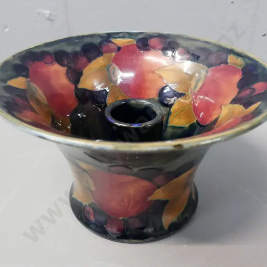 vintage Moorcroft tube-lined pomegranate & berry pattern candleholder w/ flared shaped body & rim H-90 D-150