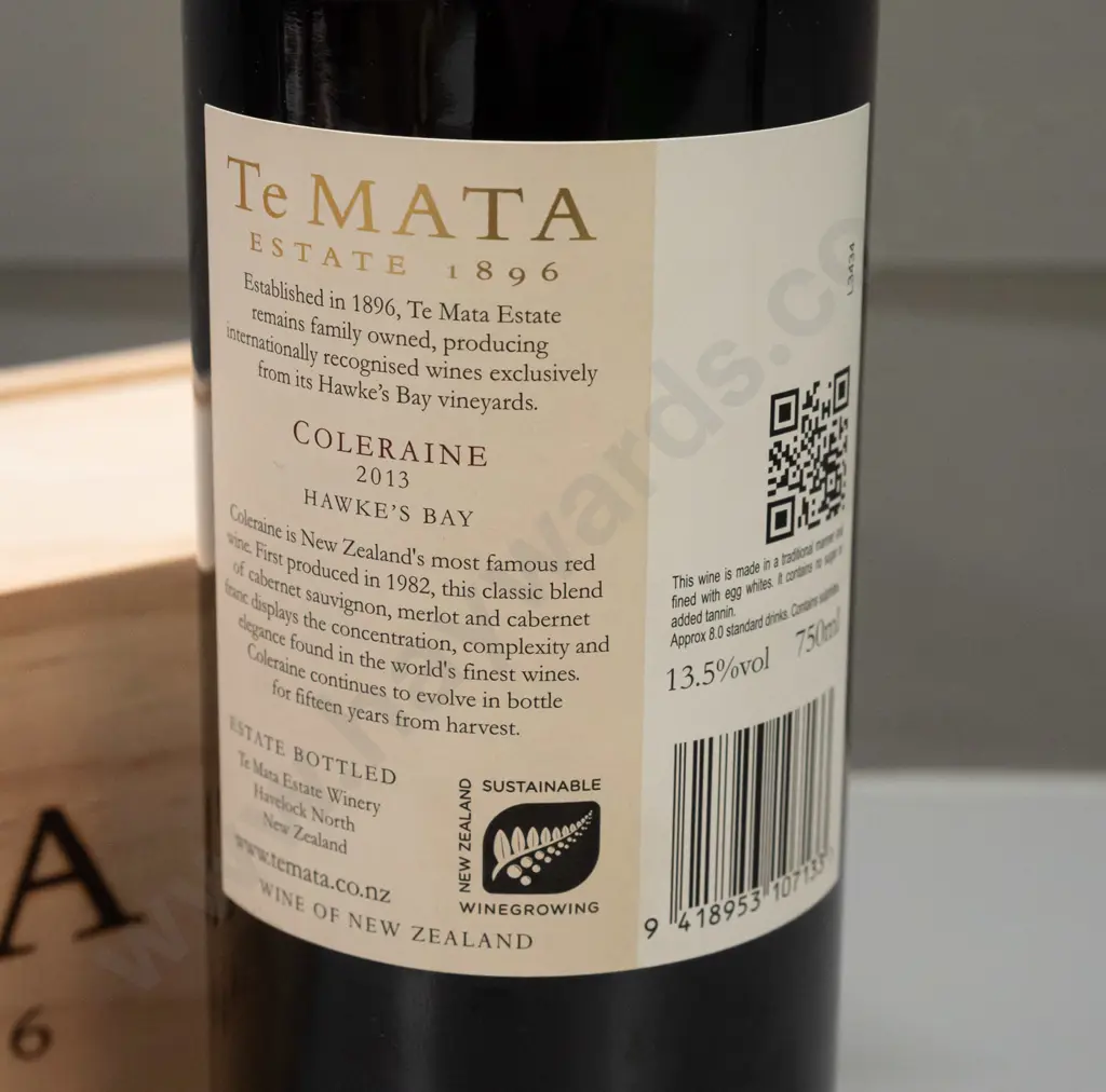 bottle of Te Mata Hawkes Bay Coleraine 2013 red wine 750ml, with wooden presentation box Image 1++