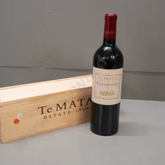 bottle of Te Mata Hawkes Bay Coleraine 2013 red wine 750ml, with wooden presentation box