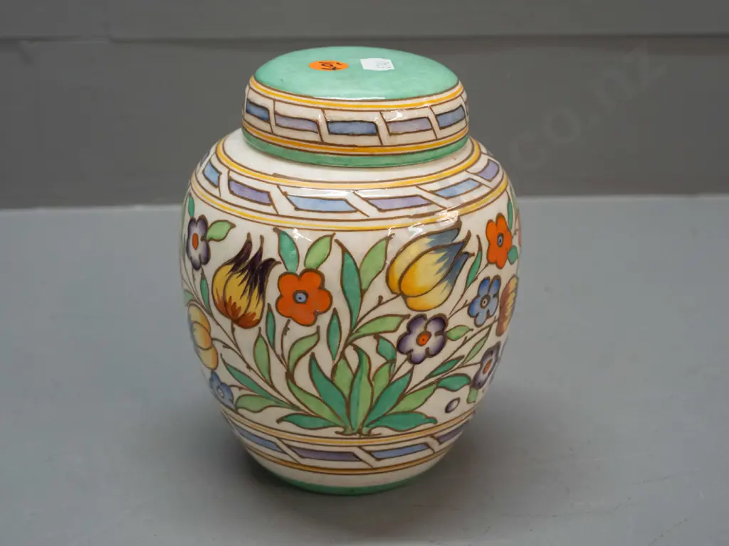 vintage Charlotte Rhead Bursley Ware tube-lined ginger jar with multi coloured floral motifs - minor staining around lid Image 1++