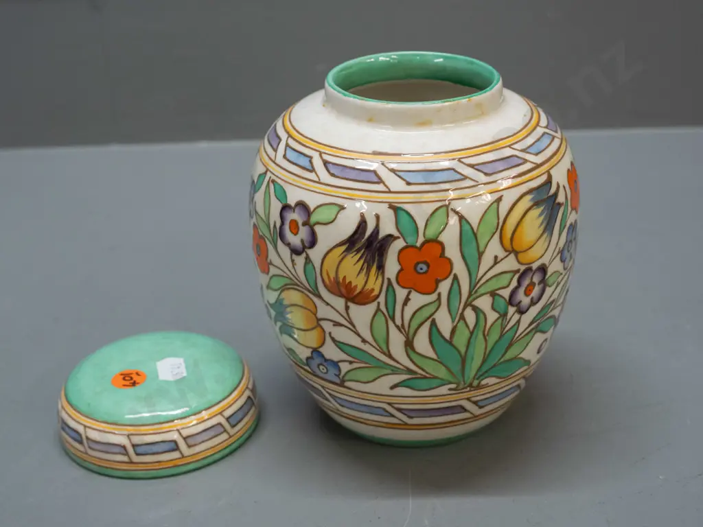vintage Charlotte Rhead Bursley Ware tube-lined ginger jar with multi coloured floral motifs - minor staining around lid Image 1++