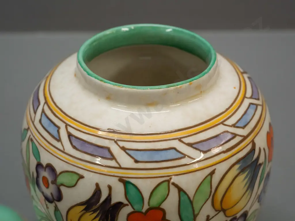 vintage Charlotte Rhead Bursley Ware tube-lined ginger jar with multi coloured floral motifs - minor staining around lid Image 1++