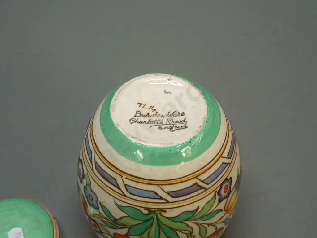 vintage Charlotte Rhead Bursley Ware tube-lined ginger jar with multi coloured floral motifs - minor staining around lid Image 1++