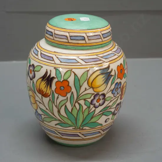 vintage Charlotte Rhead Bursley Ware tube-lined ginger jar with multi coloured floral motifs - minor staining around lid