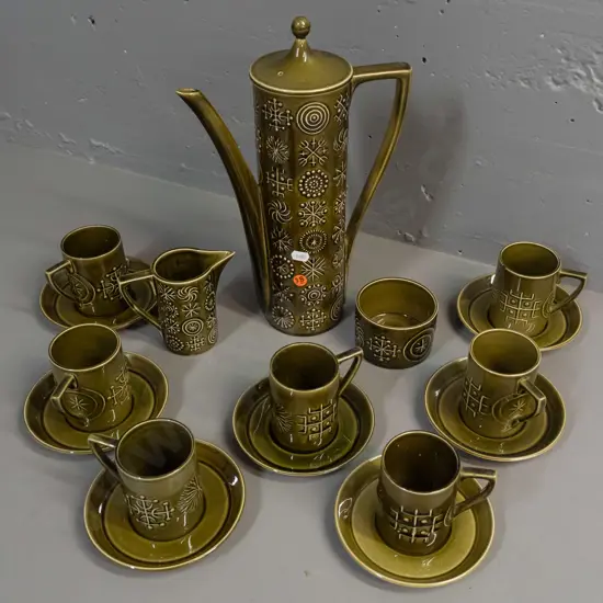 Portmeirion Totem green glaze coffee set - 7 cups & saucers, cream, sugar and tall coffee pot H-340
