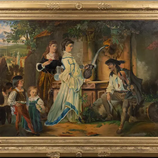 J Lindsay 1878 -- framed oil on canvas, Mediterranean scene, H-630 W-875 [craquelure to paint throughout, possible