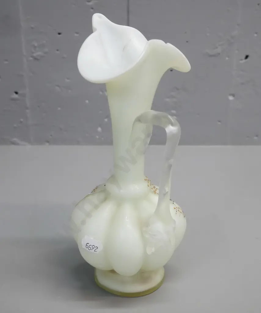 antique Victorian-era milky-green Uranium Glass vase w/ butterfly & foliage pattern H-220 [one chip to rim] Image 1++