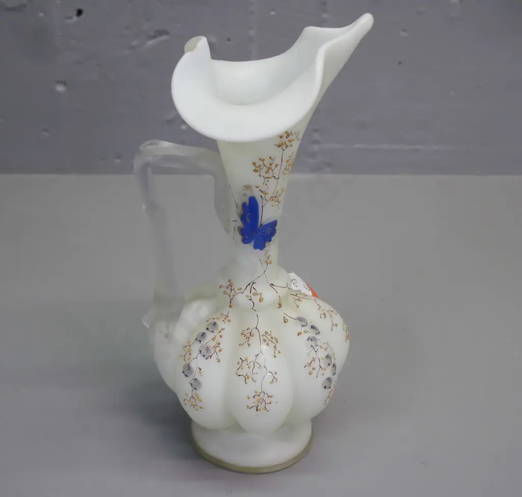 antique Victorian-era milky-green Uranium Glass vase w/ butterfly & foliage pattern H-220 [one chip to rim] Image 1++