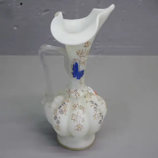 antique Victorian-era milky-green Uranium Glass vase w/ butterfly & foliage pattern H-220 [one chip to rim]