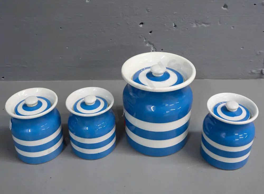 4 pieces T&G Green blue & white Cornish ware - one large lidded canister H-120 D-110 and 3 smaller Image 1++