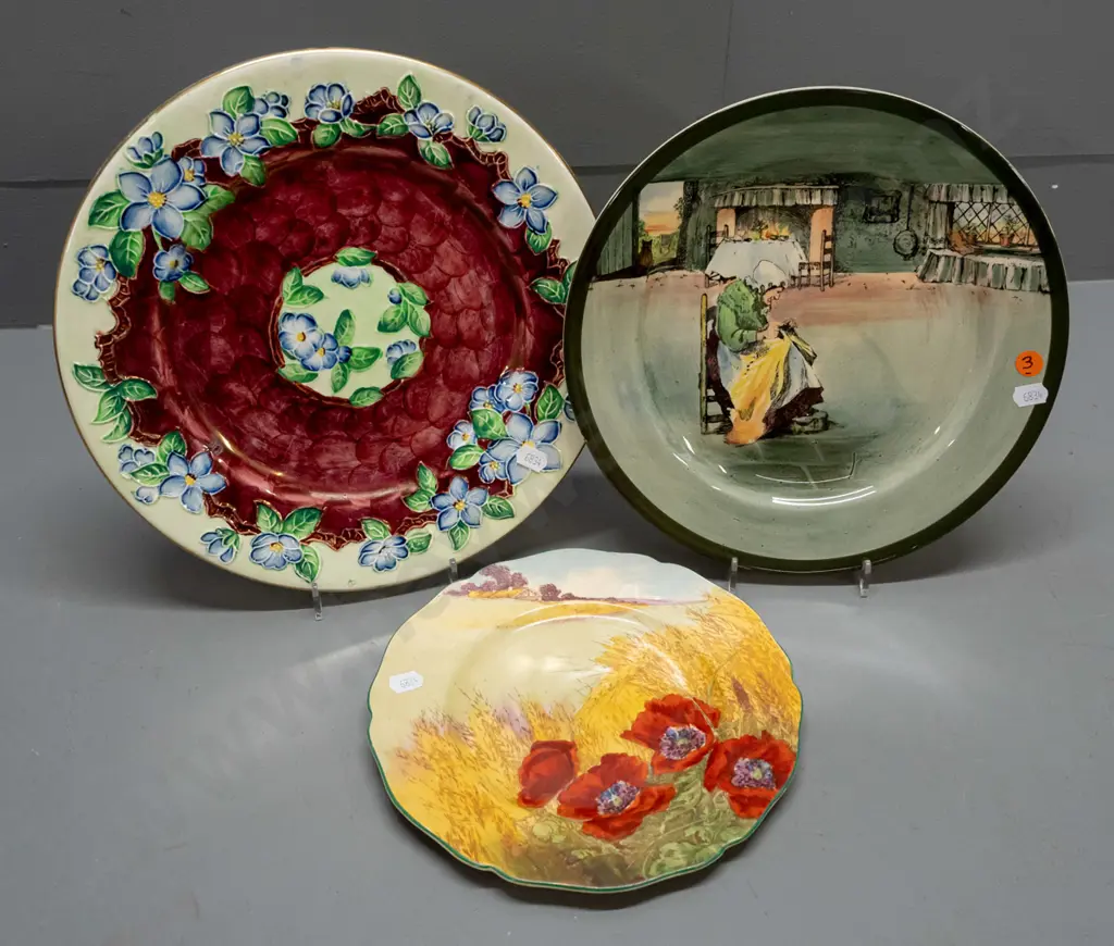 3 cabinet plates - Maling lustre thumbprint D-280 and 2 Doulton - Poppies and one other. All have some wear / scratching Image 1++