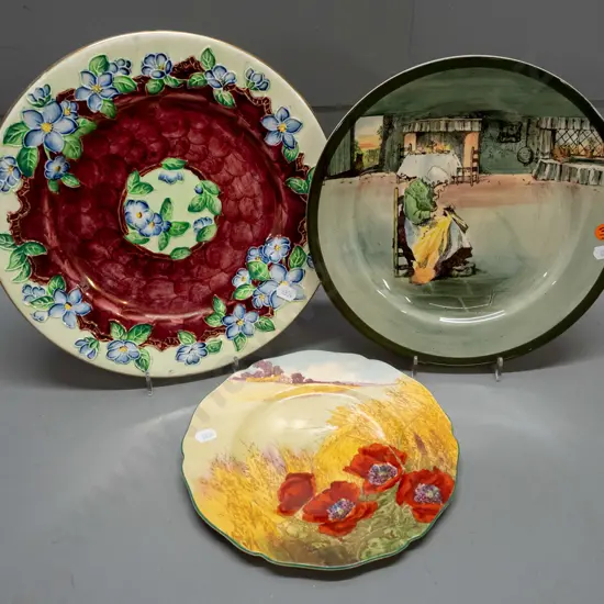 3 cabinet plates - Maling lustre thumbprint D-280 and 2 Doulton - Poppies and one other. All have some wear / scratching