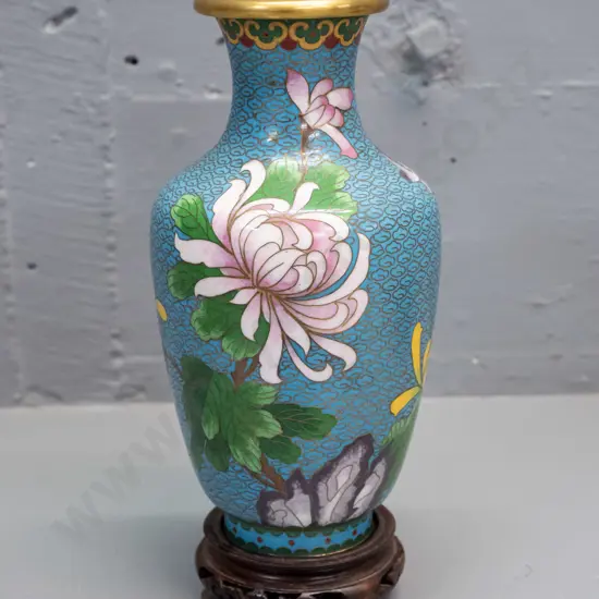 Chinese cloisonne vase on wooden stand - foliate and bird decoration on blue ground. H-210 off stand.