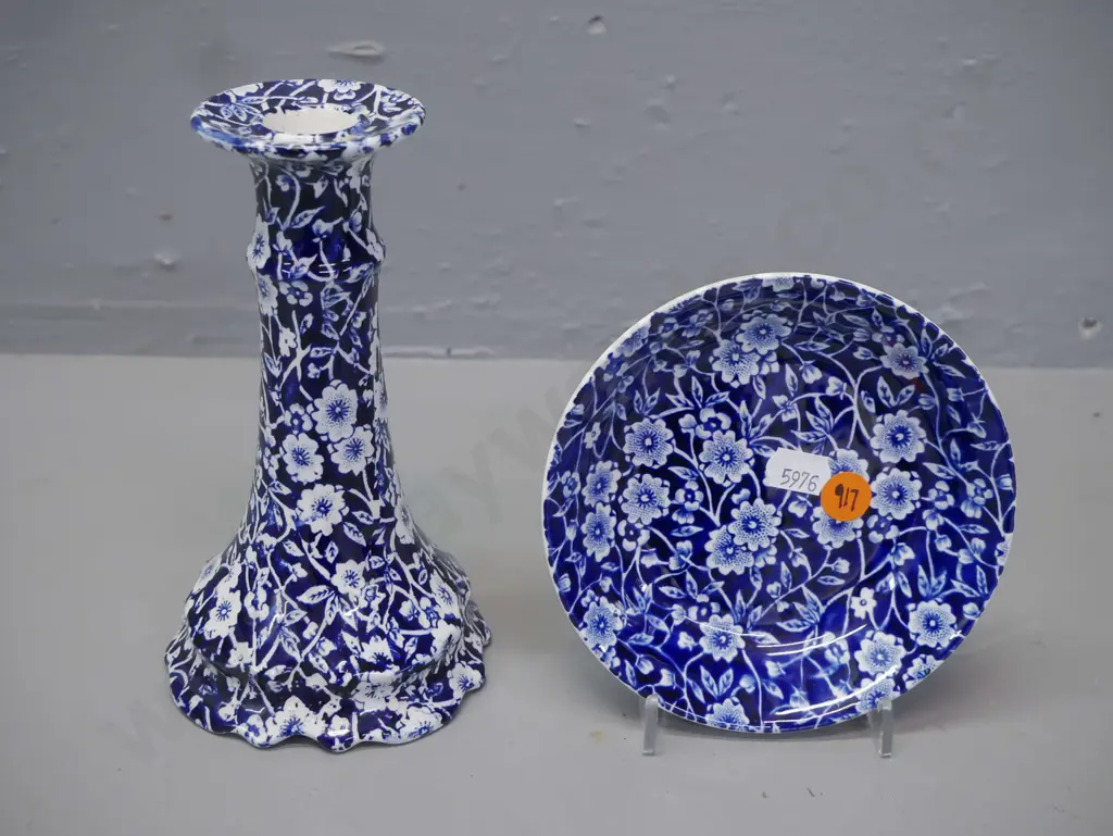 2x pieces Calico Burleigh Ware: candlestick holder & small dish. Candlestick: H-165 Image 1++