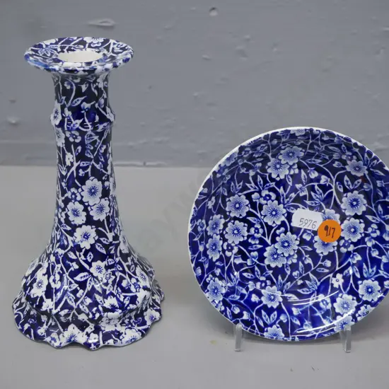 2x pieces Calico Burleigh Ware: candlestick holder & small dish. Candlestick: H-165