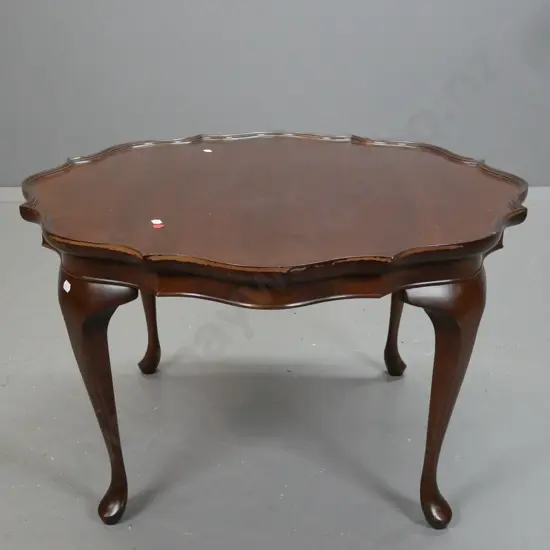 mahogany scalloped edge cab-leg coffee table with shaped top moulding - some surface loss to edges and legs H-420 D-720